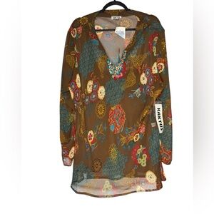 Kaktus Women’s 3X Brown Boho Floral Sheer Blouse w/ Attached Tank Beaded NEW